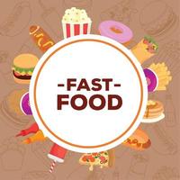 fast-food-poster, rahmen rund mit leckerem fast food vektor