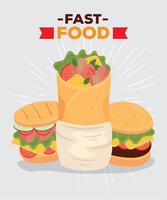 fast-food-poster, burrito mit sandwich und burger vektor