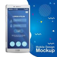 Poster Mobile Design Mockup, realistisches Smartphone mit Login, Benutzer und Passwort auf dem Bildschirm vektor