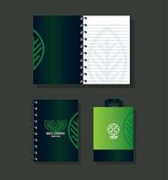 mockup schreibwaren, farbe grün mit zeichenblättern, grüne identität unternehmen vektor