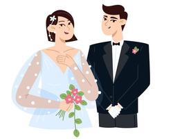 braut mit einem blumenstrauß und bräutigam bei der hochzeit, flache illustration vektor