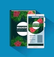 Notizbuch mit tropischem Stil und Smartphone-Branding vektor