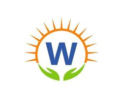 wohltätigkeitslogo mit hand-, sonne- und w-buchstabenkonzept. Charity-Logo-Vorlage Spende Organisation Logotyp Vektor