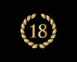 18 Jahre Jubiläumslogo mit goldenem Ring isoliert auf schwarzem Hintergrund, für Geburtstag, Jubiläum und Firmenfeier