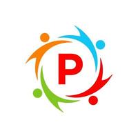 Buchstabe p Charity-Logo-Vorlage. anfängliches menschliches logo-zeichen der stiftung der einheit. Einheit Teamarbeit Logo-Design vektor
