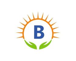 wohltätigkeitslogo mit hand-, sonne- und b-buchstabenkonzept. Charity-Logo-Vorlage Spende Organisation Logotyp Vektor