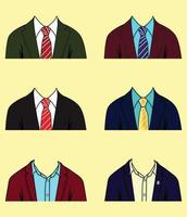 eine Kleiderordnung für Jacke und Krawatte, die als Kleidungsaccessoires, Eigenschaften und Vorzüge verwendet werden können, die auf jedem Kopfcharakter platziert und als Eigenschaften für Ihre NFT-Sammlung verwendet werden können. vektor
