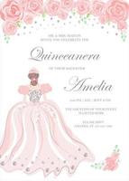 quinceanerainbjudningar födelsedag firande inbjudan kort för latin Amerika flicka i blommig design tema dekoration med tiara, skön blommor, löv. vektor illustration.