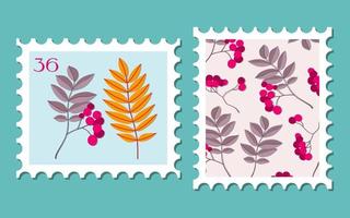 Satz von zwei Briefmarkenillustrationen. Vielzahl moderner vektorisolierter Briefmarken. Herbst-Vintage-Konzept Post-Thema. Herbstlaubzeichnungen für Post- und Postdesign. vektor