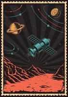 årgång Plats affisch med satellit på fördärvar planet. vektor