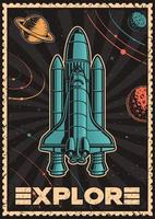 Plats affisch med shuttle i årgång stil på planeter bakgrund. vektor