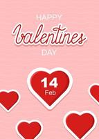 Happy Valentine's Day vertikales Banner. Vektorposter mit Schriftzug und Herzaufkleber. Feier am 14. Februar. vektor