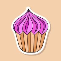 Vektor-Cartoon-Cupcake-Aufkleber. isolierte süße Nachspeise mit rosa Buttercreme vektor