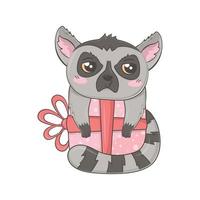 kawaii cartoon lemur hing an einer großen valentinstag geschenkbox vektor