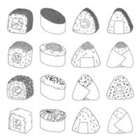 handgezeichnetes Sushi und Onigiri. Gerichte der traditionellen japanischen Küche. Asiatisches Essen-Clipart-Set vektor