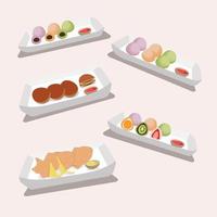 mat av japansk nationell kök. japansk desserter mochi, tayaki och dorayaki. vektor illustration.