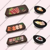 japanische nationale küche, vektorillustration von misosuppe, gyudon, sashimi und sushi und mehr. vektor