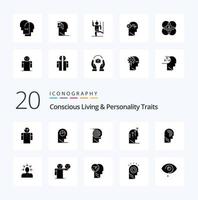 20 bewusste Lebens- und Persönlichkeitsmerkmale solides Glyphen-Icon-Pack wie Mind Key Minded Brain Manipulieren vektor