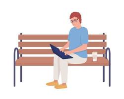 männlicher freiberufler mit laptop, der auf einer halbflachen farbvektorfigur der bank sitzt. editierbare Figur. Ganzkörperperson auf Weiß. einfache karikaturartillustration für webgrafikdesign und -animation vektor