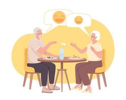 Seniorenpaar, das zusammen zu Abend isst und 2D-Vektor isolierte Illustration lacht. flache charaktere älterer freunde auf karikaturhintergrund. bunte editierbare szene für handy, website, präsentation vektor