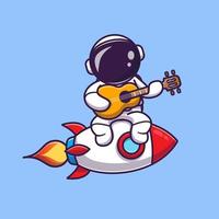 söt astronaut spelar gitarr på raket tecknad serie vektor ikon illustration. vetenskap musik ikon begrepp isolerat premie vektor. platt tecknad serie stil