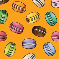 efterrätt franska macaroons eller macaron. sömlös vektor mönster för papper, omslag, tyger. tecknad serie platt design illustration konst pastell färger på färgrik bakgrund.