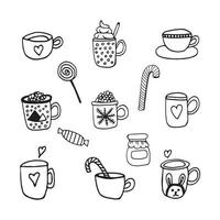 Leckeres Handdämmerungsvektorset mit Kaffee, Kakao, warmen Getränken und Süßigkeiten. Doodle-Icon-Set für Winterdesign und Dekoration. isoliert auf weißem Hintergrund vektor