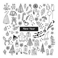 große reihe von neujahrs- und weihnachtssymbolen. niedliche handgezeichnete vektorillustration. winterelemente für grußkarten, poster, aufkleber und saisonales design. isoliert auf weißem Hintergrund vektor