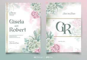 aquarellhochzeitseinladungsschablone mit rosa und grüner blumenverzierung vektor