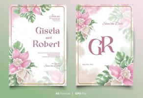 akvarell bröllopsinbjudan mall med rosa och gröna blommor prydnad vektor