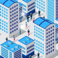 isometrisk 3d illustration av de stad fjärdedel med hus, gator, människor, bilar. stock illustration för de design och gaming industri. vektor