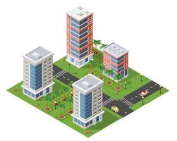 isometrische 3d-illustration stadtgebiet mit vielen häusern und wolkenkratzern, straßen, bäumen und fahrzeugen vektor