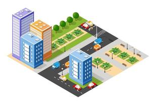isometrisk 3d illustration stadsstadsområde med många hus och skyskrapor, gator, träd och fordon vektor