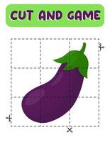 Aubergine schneiden und kleben. Lernspiel für Kinder, druckbares Arbeitsblatt. Puzzles mit Aubergine. vektor