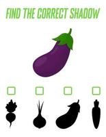 Finde den richtigen Schatten. süße Aubergine. Lernspiel mit Gemüse. Logikspiele für Kinder mit einer Antwort. eine Trainingskarte mit einer Aufgabe für Vorschul- und Kindergartenkinder vektor