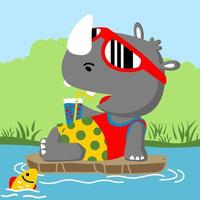 süßes Nashorn, das ein alkoholfreies Getränk mit Brille hält, das sich im Sumpf mit einem Fisch entspannt, Vektor-Cartoon-Illustration vektor