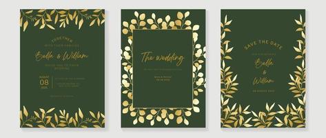 Luxus-Hochzeitseinladungskarte Hintergrundvektor. botanischer blumenblattzweig der goldenen textur mit geometrischer rahmenlinie kunstschablone. designillustration für hochzeits- und vip-cover-vorlage, banner. vektor