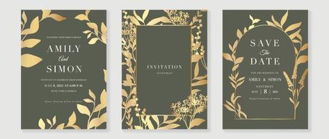 Luxus-Hochzeitseinladungskarte Hintergrundvektor. botanischer blumenblattzweig der goldenen textur mit geometrischer rahmenlinie kunstschablone. designillustration für hochzeits- und vip-cover-vorlage, banner. vektor