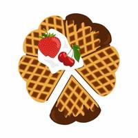 belgische Waffeln in Herzform mit Erdbeeren, Kirschen, Sahne und Schokolade. isoliert auf weißem Hintergrund. Beeren. Nachtisch. valentinstag feier mittagessen. vektor