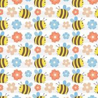 färsk färgrik vår mönster med bin och blommor vektor illustration i platt stil