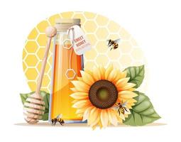 Ein Glas Honig mit einer hellen Sonnenblume, Bienen und einem Holzlöffel auf gelbem Hintergrund. illustration für die werbung von natürlichem honig. nützliches Produkt vektor
