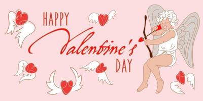eine Valentinstagskarte. happy valentine's day inschrift auf einem zarten hintergrund. Baby Amor schießt Pfeile auf fliegende Herzen. druck auf papierpostkarte, banner vektor