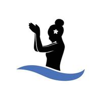 Beach Wave Logo Vektor mit religiöser balinesischer Kultur betende Handgeste Mädchen Frau weibliche Silhouette