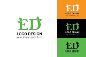 Ökologie ed-Buchstaben-Logo mit grünem Blatt. Ed-Buchstaben Öko-Logo mit Blatt. Vektorschrift für Naturplakate, umweltfreundliches Emblem, vegane Identität, Kräuter- und botanische Karten usw. vektor