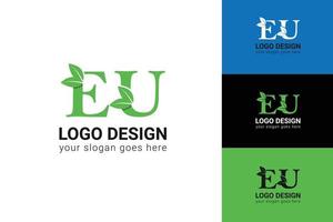 Ökologie eu-Buchstaben-Logo mit grünem Blatt. eu-buchstaben öko-logo mit blatt. Vektorschrift für Naturplakate, umweltfreundliches Emblem, vegane Identität, Kräuter- und botanische Karten usw. vektor