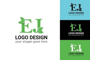 Ökologie ej-Buchstaben-Logo mit grünem Blatt. ej buchstaben öko-logo mit blatt. Vektorschrift für Naturplakate, umweltfreundliches Emblem, vegane Identität, Kräuter- und botanische Karten usw. vektor