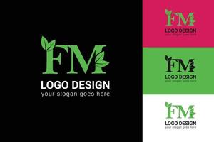 ekologi fm brev logotyp med grön blad. fm brev eco logotyp med blad. vektor typsnitt för natur affischer, eco vänlig emblem, vegan identitet, ört- och botanisk kort etc.
