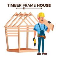 amerikanischer Builder-Vektor. Fachwerkhaus bauen. neues Zuhause. Dachdecker auf der Baustelle. zeichentrickfigur illustration