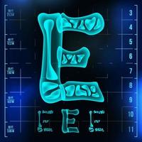 e-Buchstaben-Vektor. große Ziffer. röntgen röntgenschrift lichtzeichen. Neon-Scan-Effekt für medizinische Radiologie. Alphabet. 3D-Blaulichtziffer mit Knochen. Medizin, Krankenhaus, Pirat, futuristischer Stil. Illustration vektor