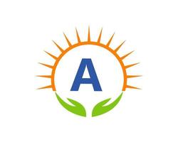 Wohltätigkeitslogo mit Hand, Sonne und einem Buchstabenkonzept. Charity-Logo-Vorlage Spende Organisation Logotyp Vektor
